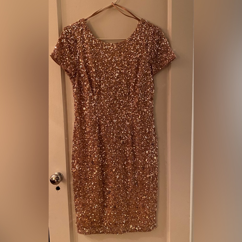 Adrianna Papell Rose Gold Sequin Sheath Dress 10